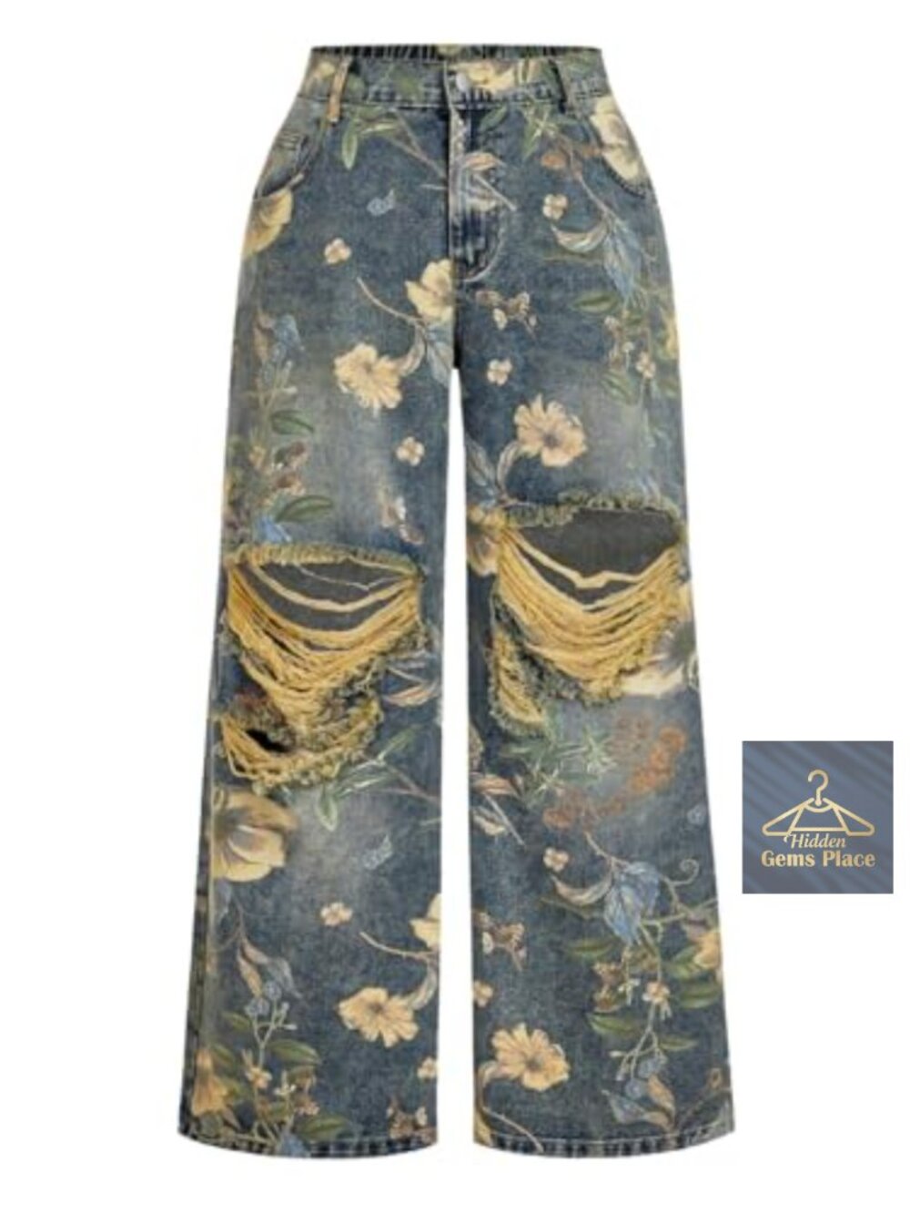 Plus Size Floral Ripped Wide Leg Jeans High Waist Distressed Baggy Denim Pants